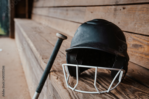 baseball helmet and bat on a wooden dugout bench