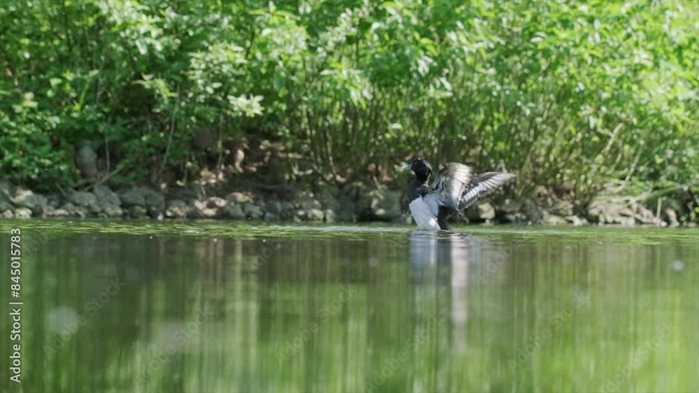 Tufted duck flapping its wings in the water in slow motion Tufted duck flapping its wings in the water in slow motion