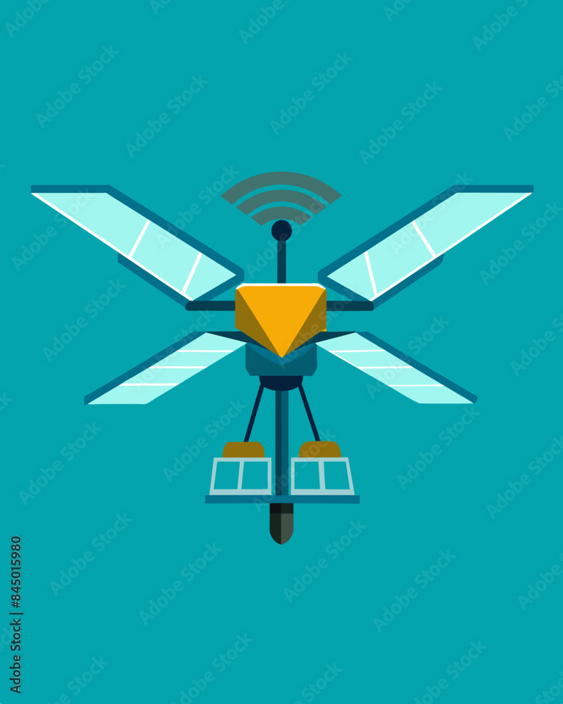 With its wings adorned with solar panels the drone could fly for hours without needing to land or recharge.. Vector illustration With its wings adorned with solar panels the drone could fly for hours without needing to land or recharge.. Vector illustration