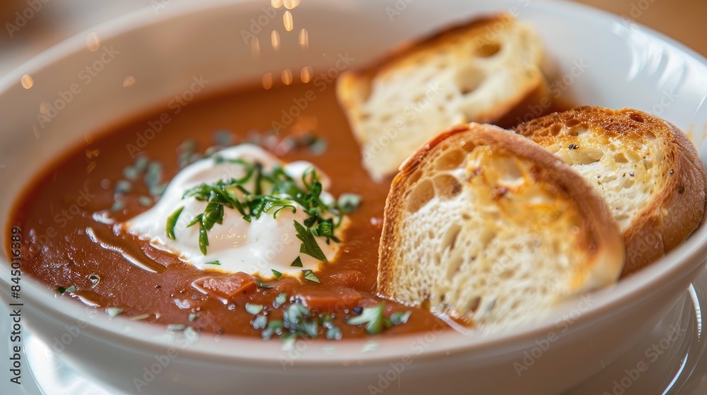 Bread and cream in red soup