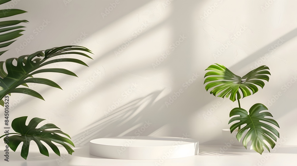 3D product presentation background with white podium and monstera leaf. 3D product presentation background with white podium and monstera leaf.