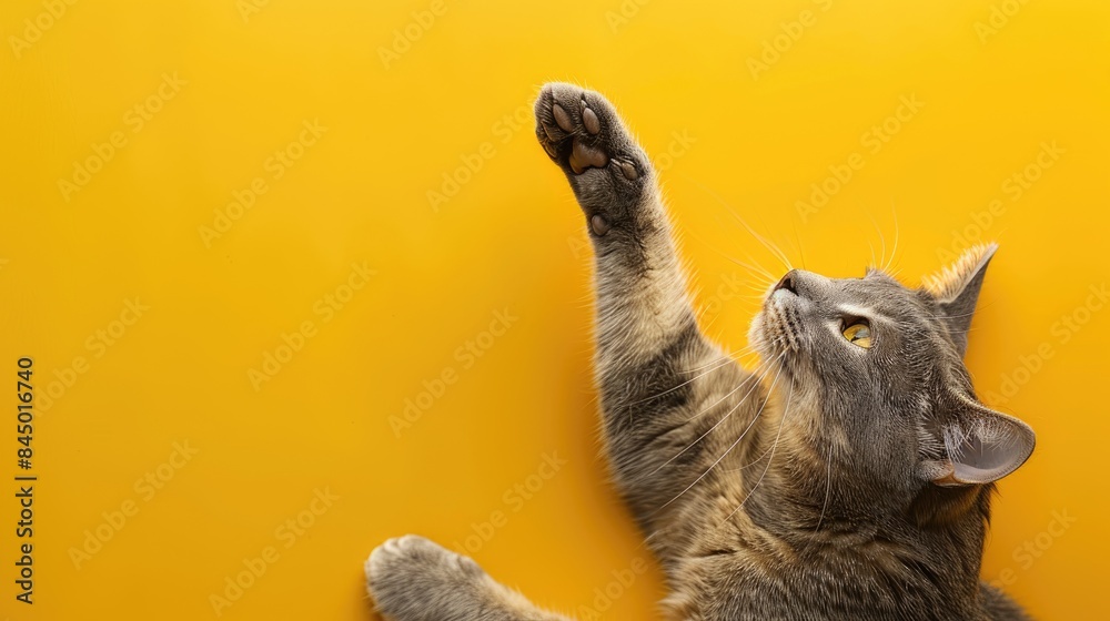 Grey cat stretching paw on yellow background top view with copy space Grey cat stretching paw on yellow background top view with copy space