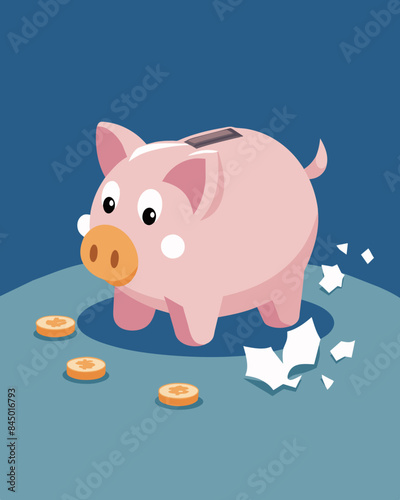 The broken piggy bank sits on the counter a few dimes and nickels remaining inside but no longer enough for a childs dream toy.. Vector illustration