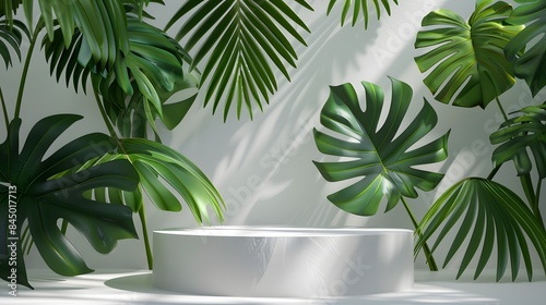 3D product presentation background with white podium and monstera leaf.