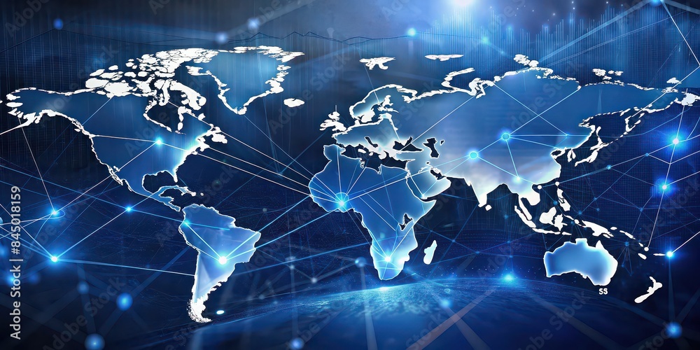 Fototapeta premium A close-up image of a global network map overlaid with financial charts and graphs, banking, finance, success, growth, development, global, network, stock market, investment, strategy, analysis