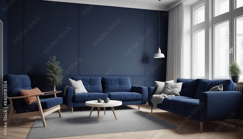 Dark blue sofa and recliner chair in scandinavian apartment. Interior design of modern living room. Created with generative ai.