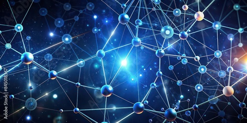 Connected lines and dots forming molecular structures such as DNA, atoms, and neurons on a scientific background, molecule, communication, DNA, atom, neuron, scientific, lines, dots