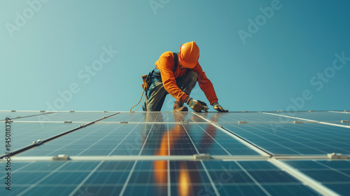 Wallpaper Mural an electrician installing solar panels on the roof of a building for eco friendly green energy  Torontodigital.ca