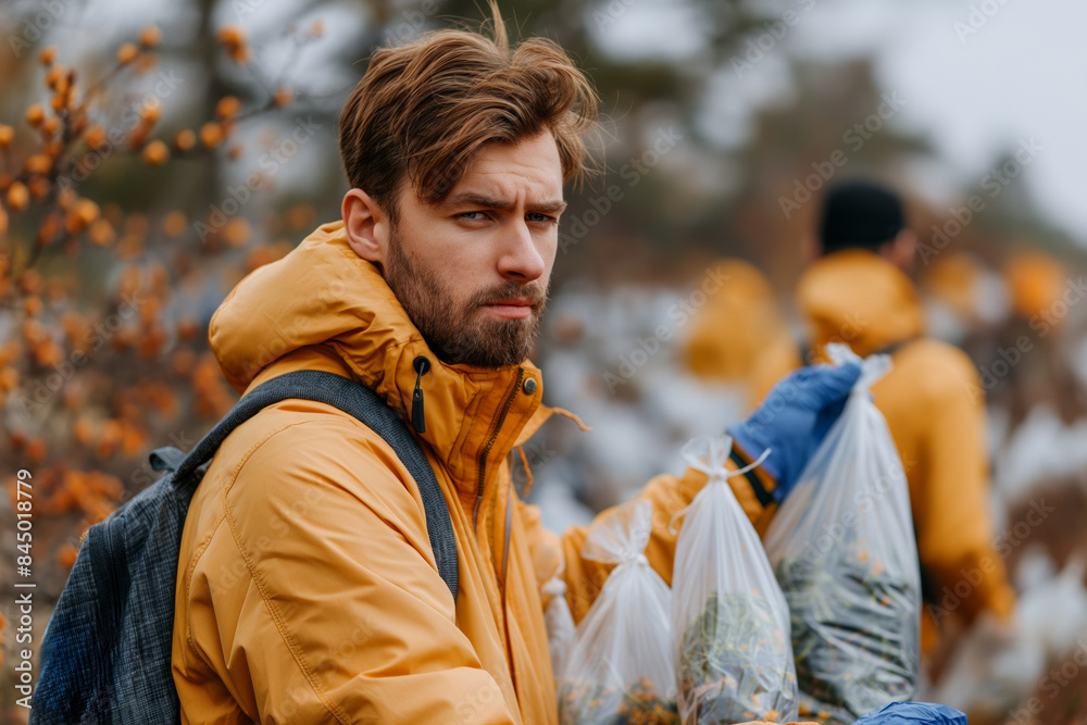 Fototapeta premium Concerned man volunteering for environmental clean-up