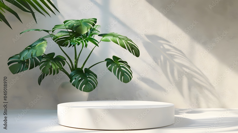 3D product presentation background with white podium and monstera leaf. 3D product presentation background with white podium and monstera leaf.