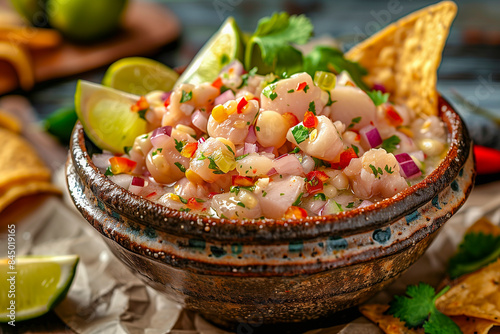 Ceviche served in a bowl, with lime wedges and tortilla chips.