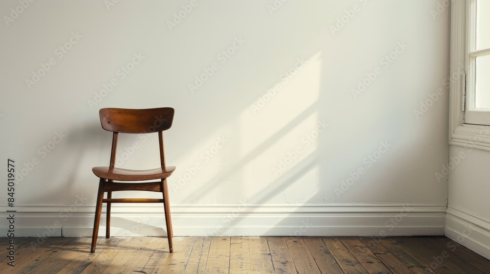 A lone chair on a hardwood floor next to a white wall A lone chair on a hardwood floor next to a white wall