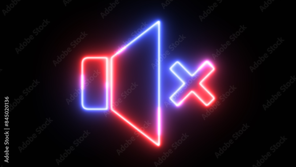 Neon Volume off icon. Neon speaker mute icon isolated on black background. glowing No sound icon. Neon Volume off icon. Neon speaker mute icon isolated on black background. glowing No sound icon.