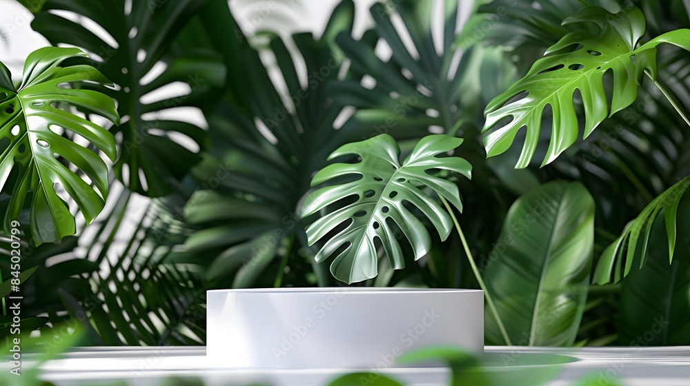 3D product presentation background with white podium and monstera leaf. 3D product presentation background with white podium and monstera leaf.