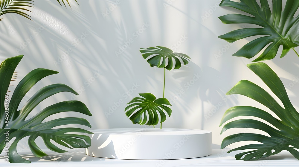 3D product presentation background with white podium and monstera leaf. 3D product presentation background with white podium and monstera leaf.