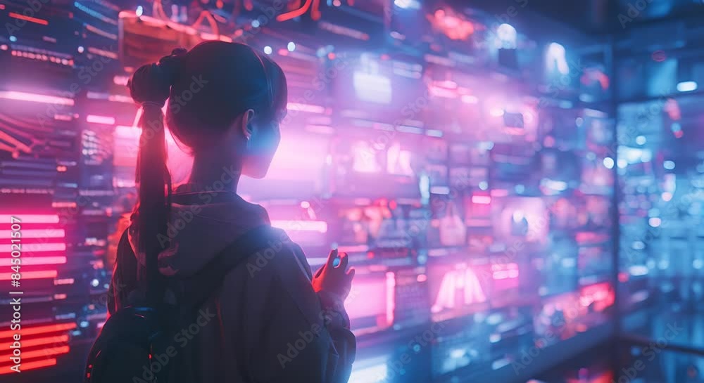 In the futuristic world of ecommerce, an AI avatar stands in front of multiple transparent screens displaying various products including bags and handbags, In the futuristic world of ecommerce, an AI avatar stands in front of multiple transparent screens displaying various products including bags and handbags,