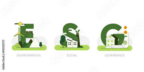 ESG as environmental, social and governance concept.Sustainable of Green ecology and alternative renewable energy. Flat Vector illustration.