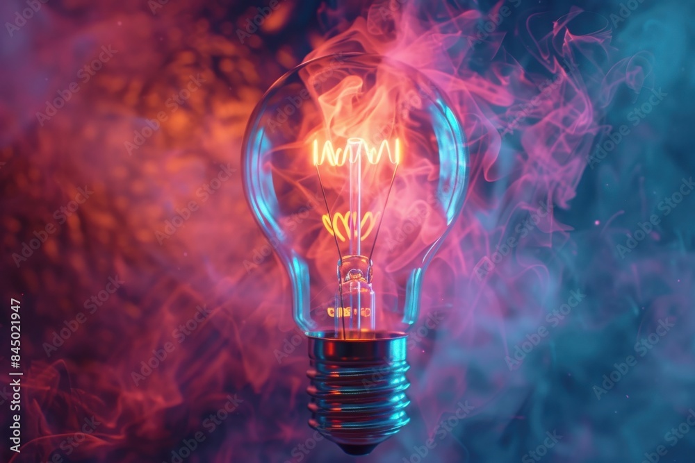 A light bulb is lit up and is sitting on a table. idea and creative concept. A light bulb is lit up and is sitting on a table. idea and creative concept.