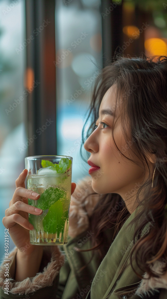 Young asian woman drinking healthy cucumber water.
Young asian woman drinking healthy cucumber water.