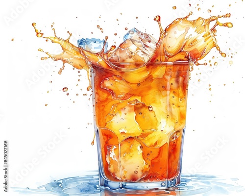 Dynamic splash of iced tea in a glass creating a refreshing and energetic moment, captured with vivid colors and motion. photo