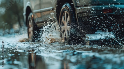Close-up of wheels of a car driving through puddles and splashing water