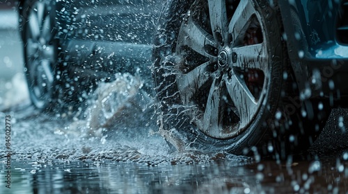 Close-up of wheels of a car driving through puddles and splashing water.