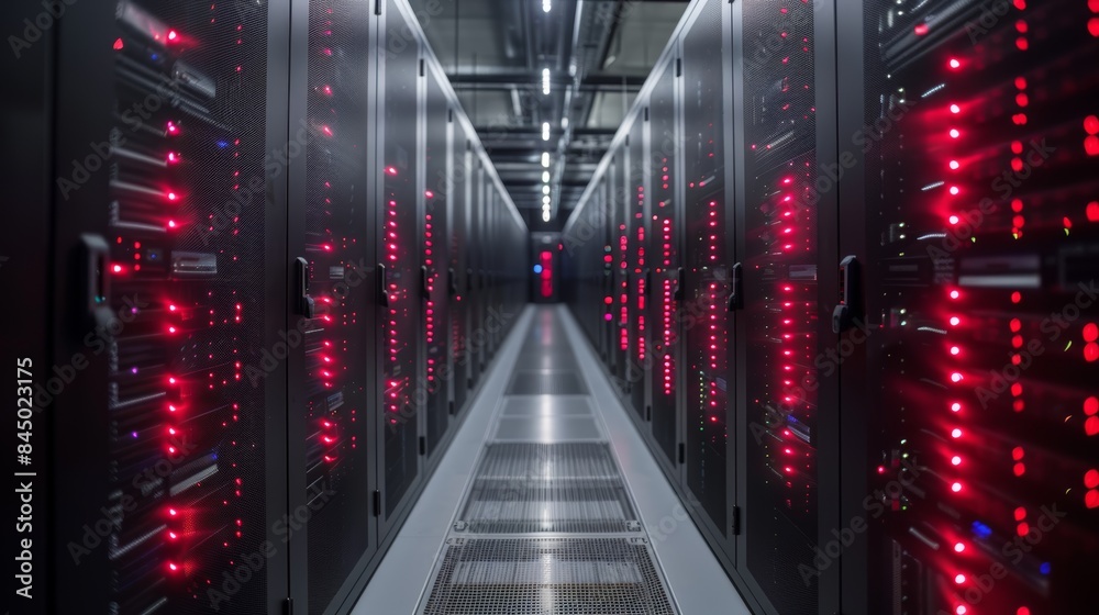 A long, narrow corridor with rows of server racks. Red lights illuminate the room, creating an ominous atmosphere. The floor is shiny and reflective, adding to the sense of depth. A long, narrow corridor with rows of server racks. Red lights illuminate the room, creating an ominous atmosphere. The floor is shiny and reflective, adding to the sense of depth.