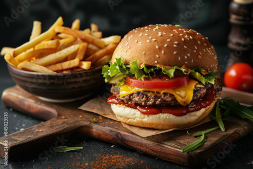 food photography of juicy cheese burger with lettuce and tomato on the cutboard, french fries in bowl behind it, dark background photo