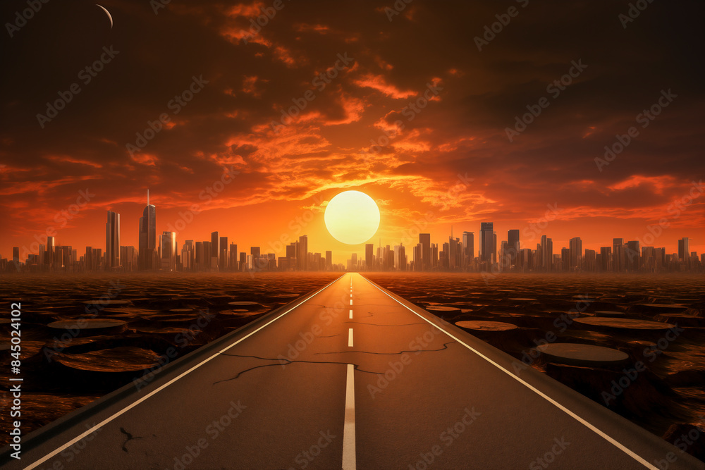 Empty road leading into a city a sunset
Empty road leading into a city a sunset