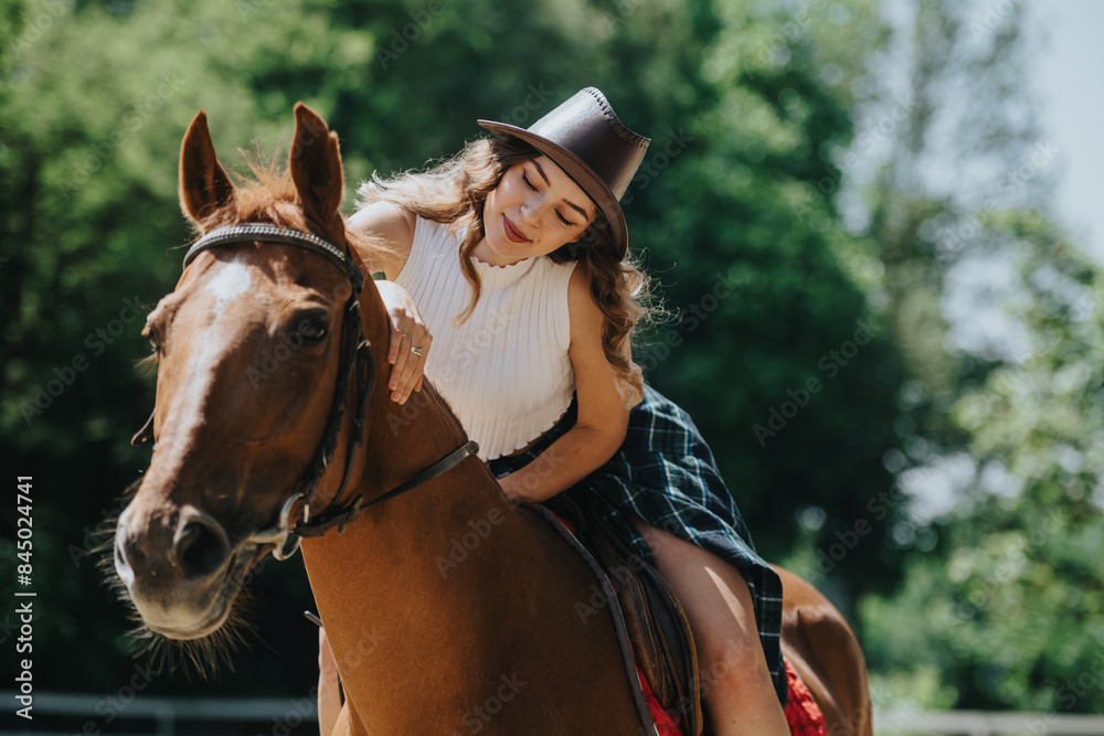 Young woman enjoying a leisurely horseback ride outdoors on a sunny day, highlighting equestrian activities and relaxation. Young woman enjoying a leisurely horseback ride outdoors on a sunny day, highlighting equestrian activities and relaxation.
