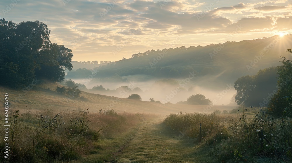 A lovely dawn fog blankets the meadows and countryside A lovely dawn fog blankets the meadows and countryside