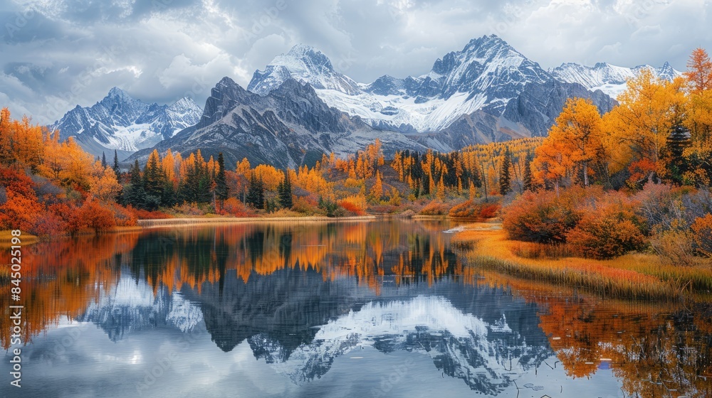 Obraz premium Mountain Lake Reflections A stunning mountain landscape, with a pristine lake reflecting autumn foliage, snow-capped peaks, and a colorful forest under a cloudy sky, showcasing the beauty of nature i