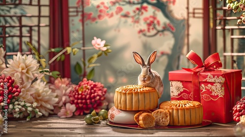 Wallpaper Mural Mooncake & Festival A classic mooncake with a red gift box, a rabbit, and a hare set against a retro-style background Perfect for the Mid-Autumn Festival, Chinese New Year, or a postcard Torontodigital.ca
