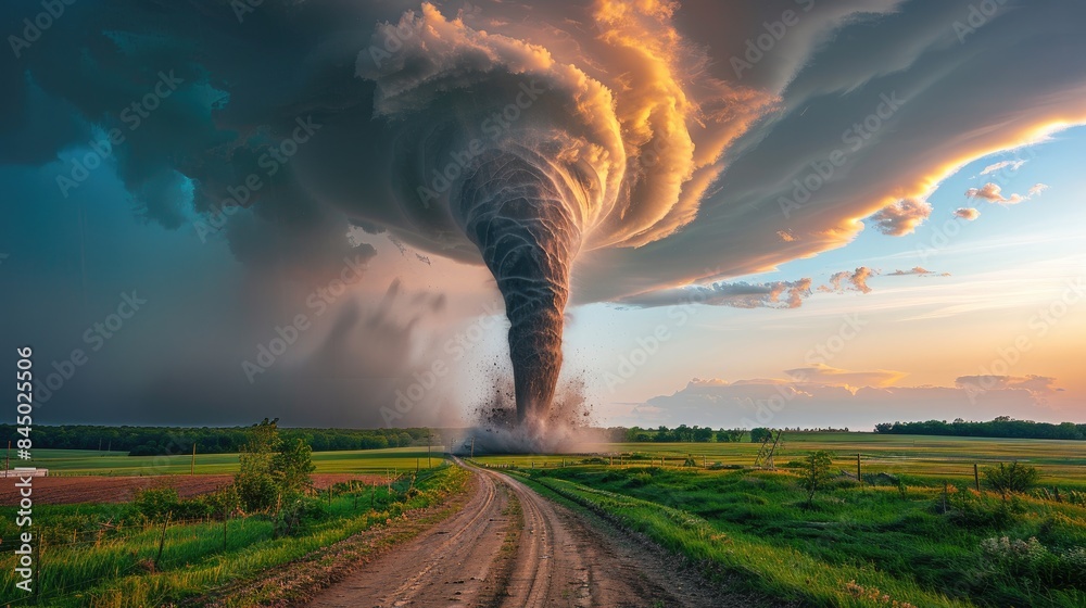 Tornado Touchdown A tornado touching down in a rural area, intensified by changing climate patterns, showcasing the destructive power of nature