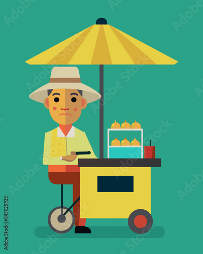 Wearing a widebrimmed hat to shield from the sun an elderly man sits behind a small food cart lined with solar panels. The panels power a minigrill to cook up tasty kebabs and. Vector illustration
