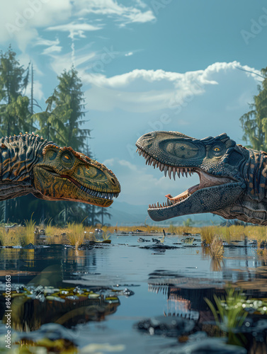 Aerial View of Two Fierce Dinosaurs Roaring in a Serene Prehistoric Wetland Scene Surrounded by Lush Vegetation and Calm Waters Under a Clear Blue Sky