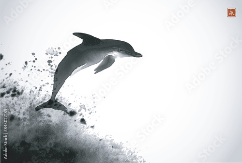 Minimalist ink painting with sumi-e dolphin and sea waves. Hieroglyph - eternity