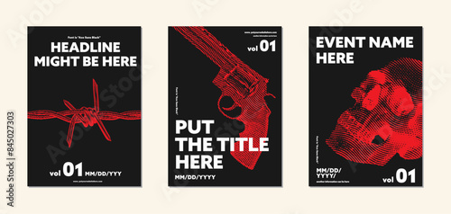 Magazine Cover Design Set, layout design for events poster, illustration element graphic for cover book. Minimalist indie edgy brochure modern flyers template, with skull, barbed wire and gun vector