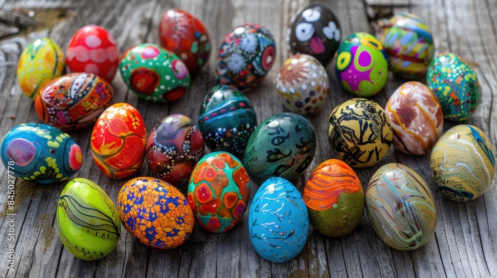 Vibrant Easter eggs crafted by hand displayed on a wooden table surface Vibrant Easter eggs crafted by hand displayed on a wooden table surface
