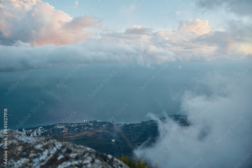 Scenic View of Ocean and Clouds from Mountain Top with Cloudy Sky, Travel Adventure and Nature Beauty Concept Scenic View of Ocean and Clouds from Mountain Top with Cloudy Sky, Travel Adventure and Nature Beauty Concept