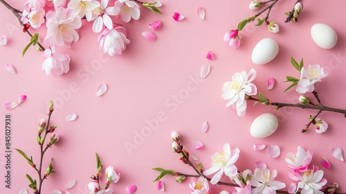 Pink Background with White and Pink Flower Branches on Easter Card Text Space © TheWaterMeloonProjec
