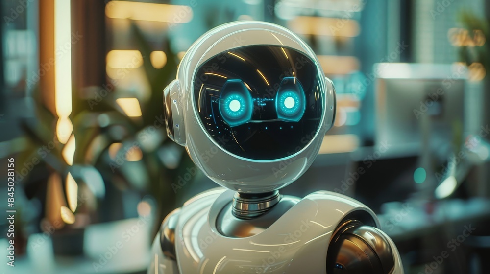 Futuristic Robot with Blue Eyes in Office Setting Futuristic Robot with Blue Eyes in Office Setting