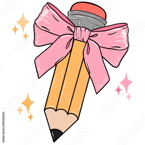 Pencil Coquette Bow Clipart, Trendy Retro Teacher Png Design For Shirts Sublimation, Back To School