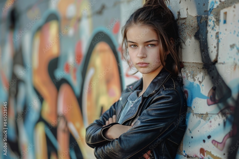 Teenage girl in leather jacket with graffiti. Teenage girl in leather jacket with graffiti.