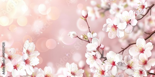 A close-up image of white cherry blossoms in full bloom against a soft pink background with bokeh