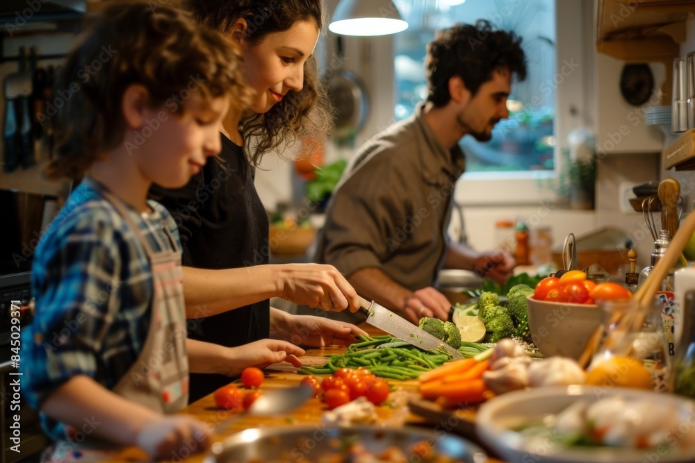 Family cooking together in the kitchen, kids and parents chopping vegetables. Family cooking together in the kitchen, kids and parents chopping vegetables.