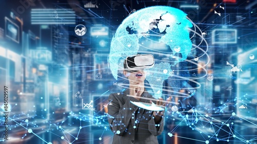 Businesswoman searching finance data dynamic world shape monitor by VR future global market excellent innovation interface digital network technology virtual hologram animation at server. Contraption.