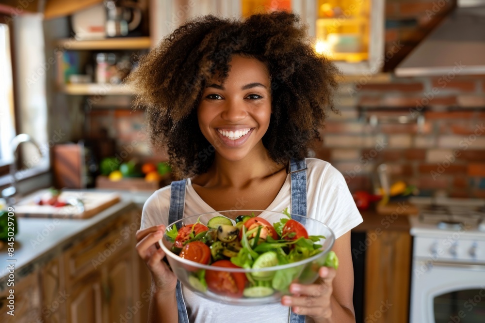Smiling woman with curly hair holding a bowl of fresh salad in the kitchen. Smiling woman with curly hair holding a bowl of fresh salad in the kitchen.