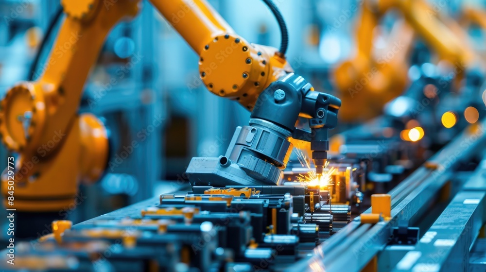 Background image of robot machine working together at production line ...