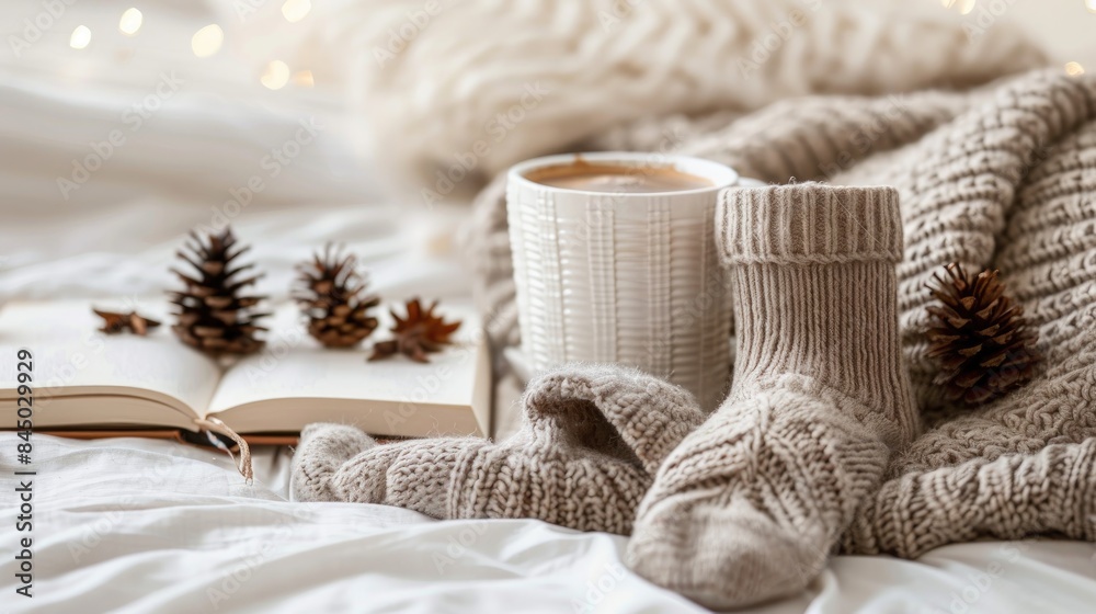 Cozy setup with coffee socks and book on white backdrop